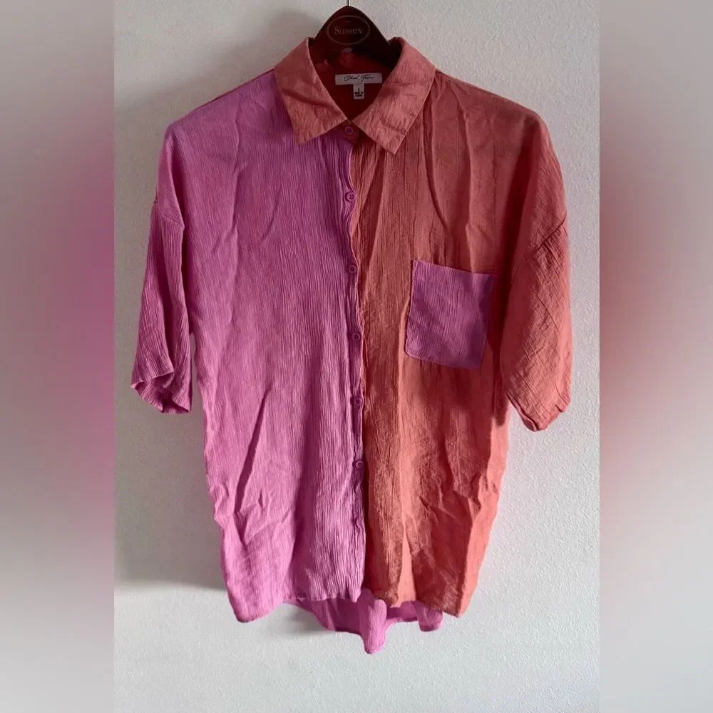 Cloud Ten Color Block Gauzy Two Tone Button Down Blouse Pink & Peach Small 90s
